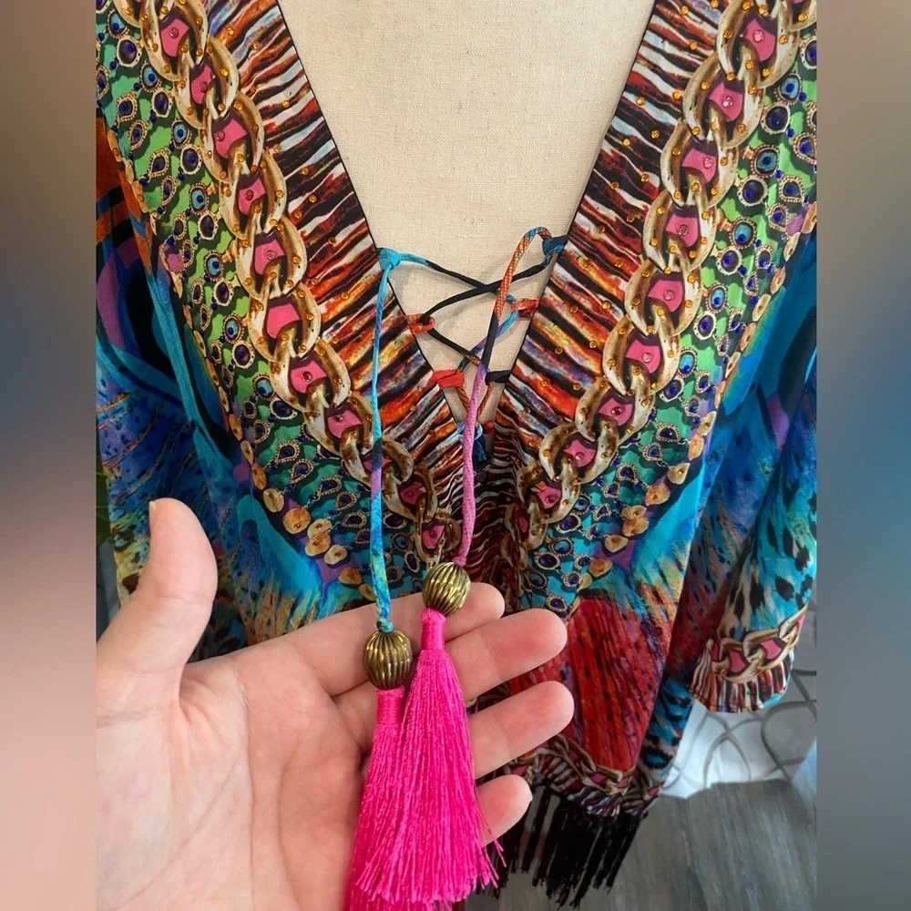 NWT True Colours by La Moda Fringe Peacock Caftan Top- One Size - Picture 6 of 10